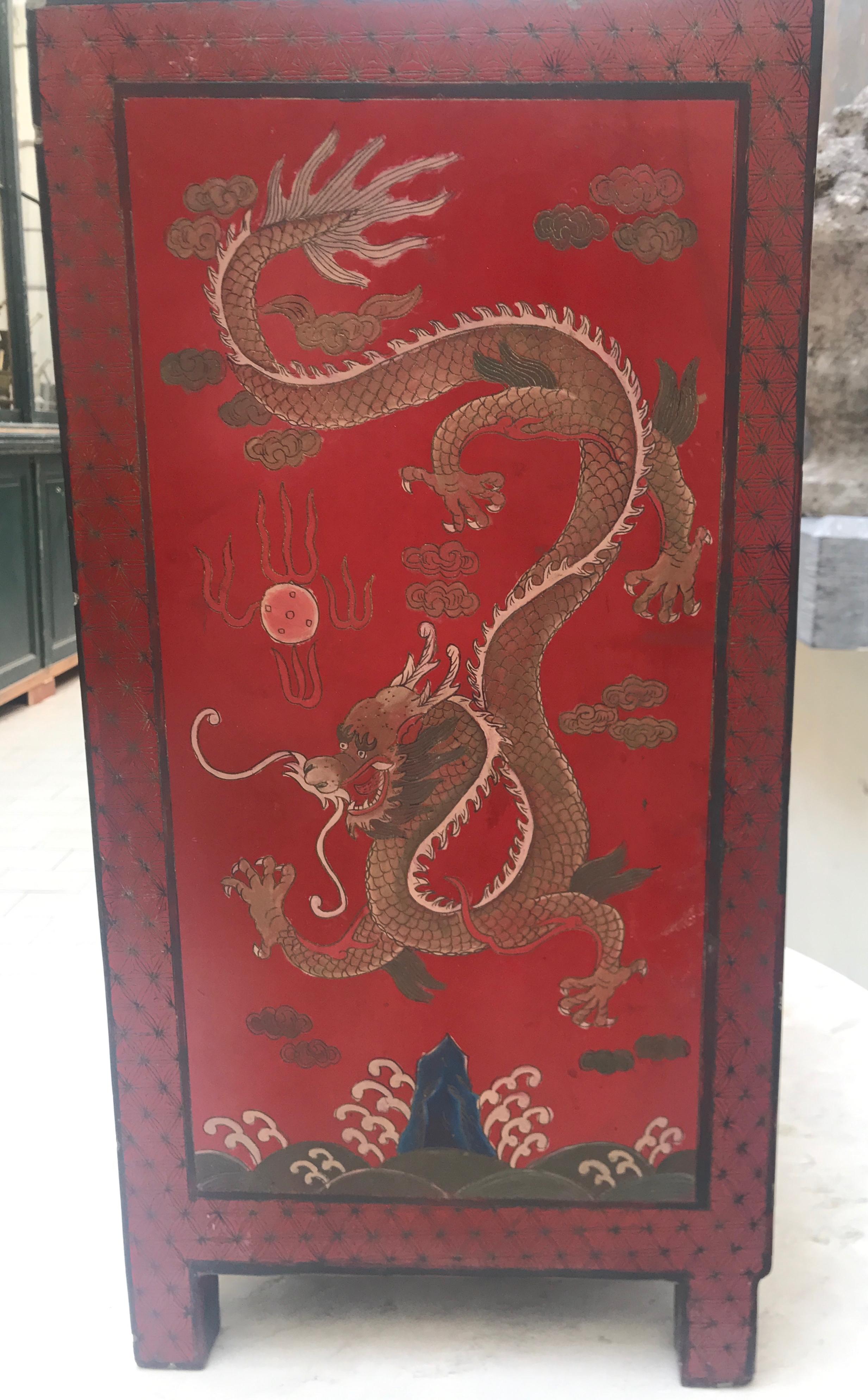 Antique Chinese Red Lacquer Side Table Cabinet with Incised Dragon Decoration 1