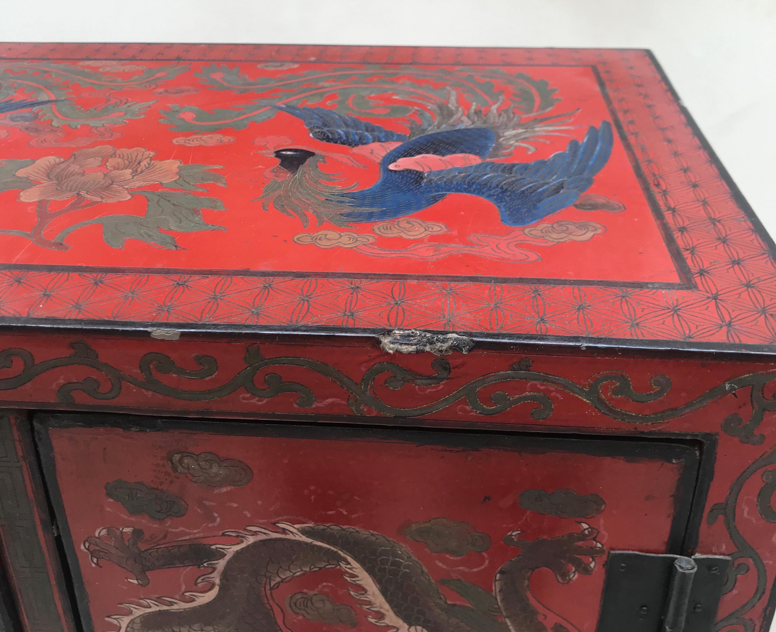 Antique Chinese Red Lacquer Side Table Cabinet with Incised Dragon Decoration 2