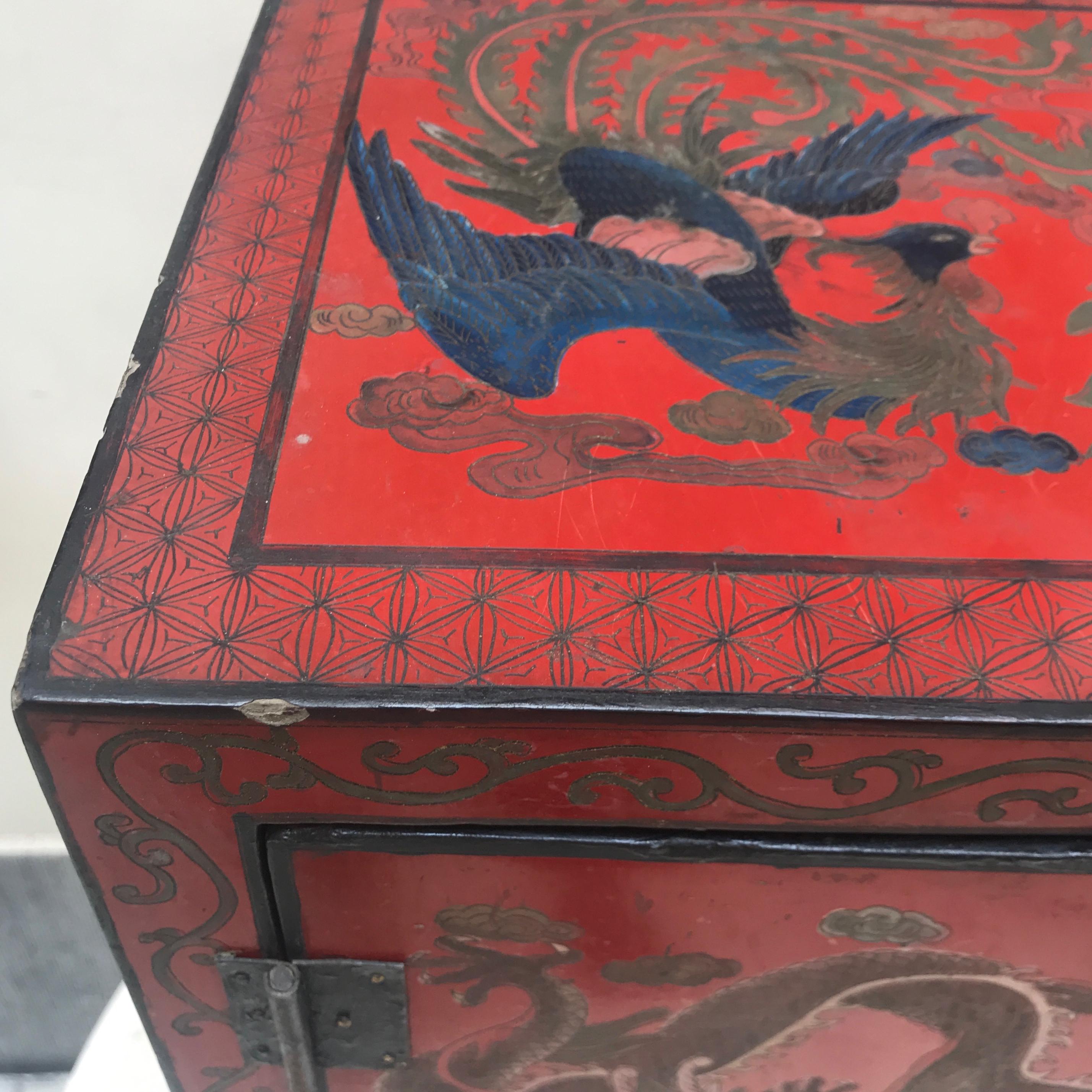 Antique Chinese Red Lacquer Side Table Cabinet with Incised Dragon Decoration 3