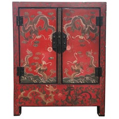 Antique Chinese Red Lacquer Side Table Cabinet with Incised Dragon Decoration
