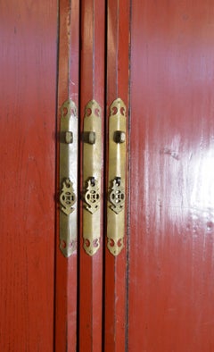 Antique Chinese Red Lacquered Armoire with Doors, Drawers and Brass Hardware
