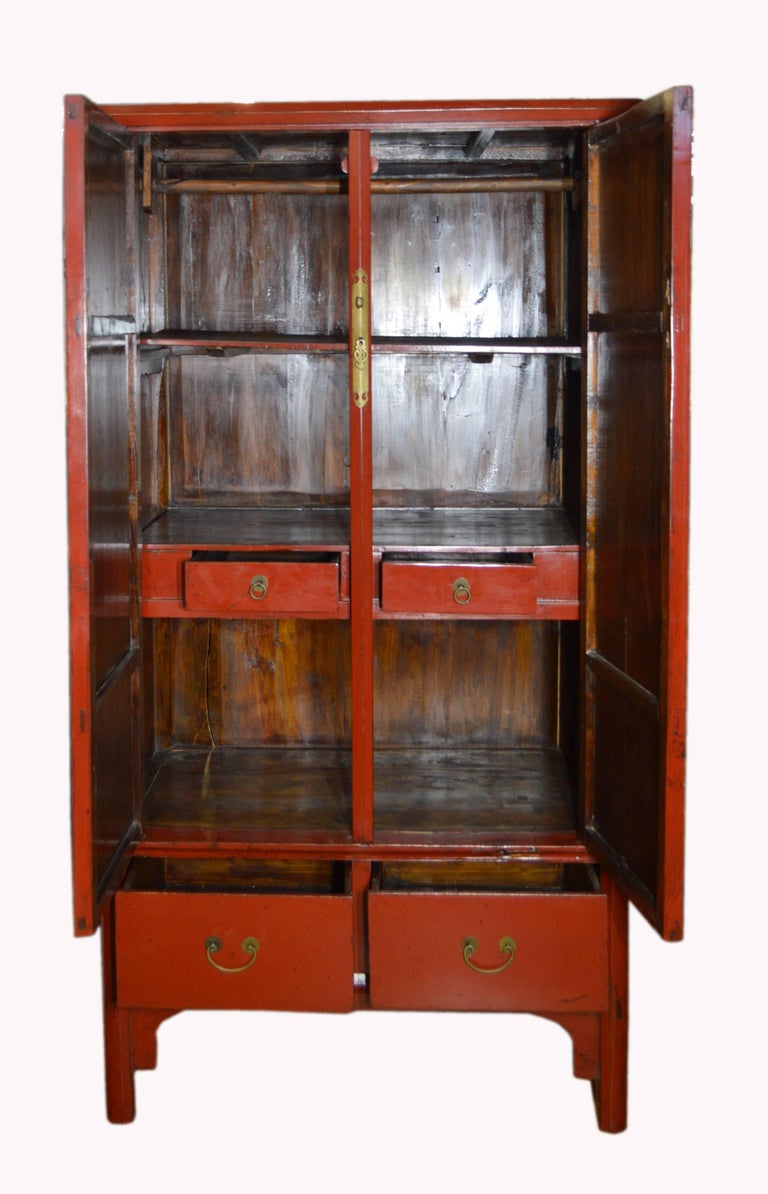 Antique Chinese Red Lacquered Armoire with Doors, Drawers and Brass Hardware at 1stDibs