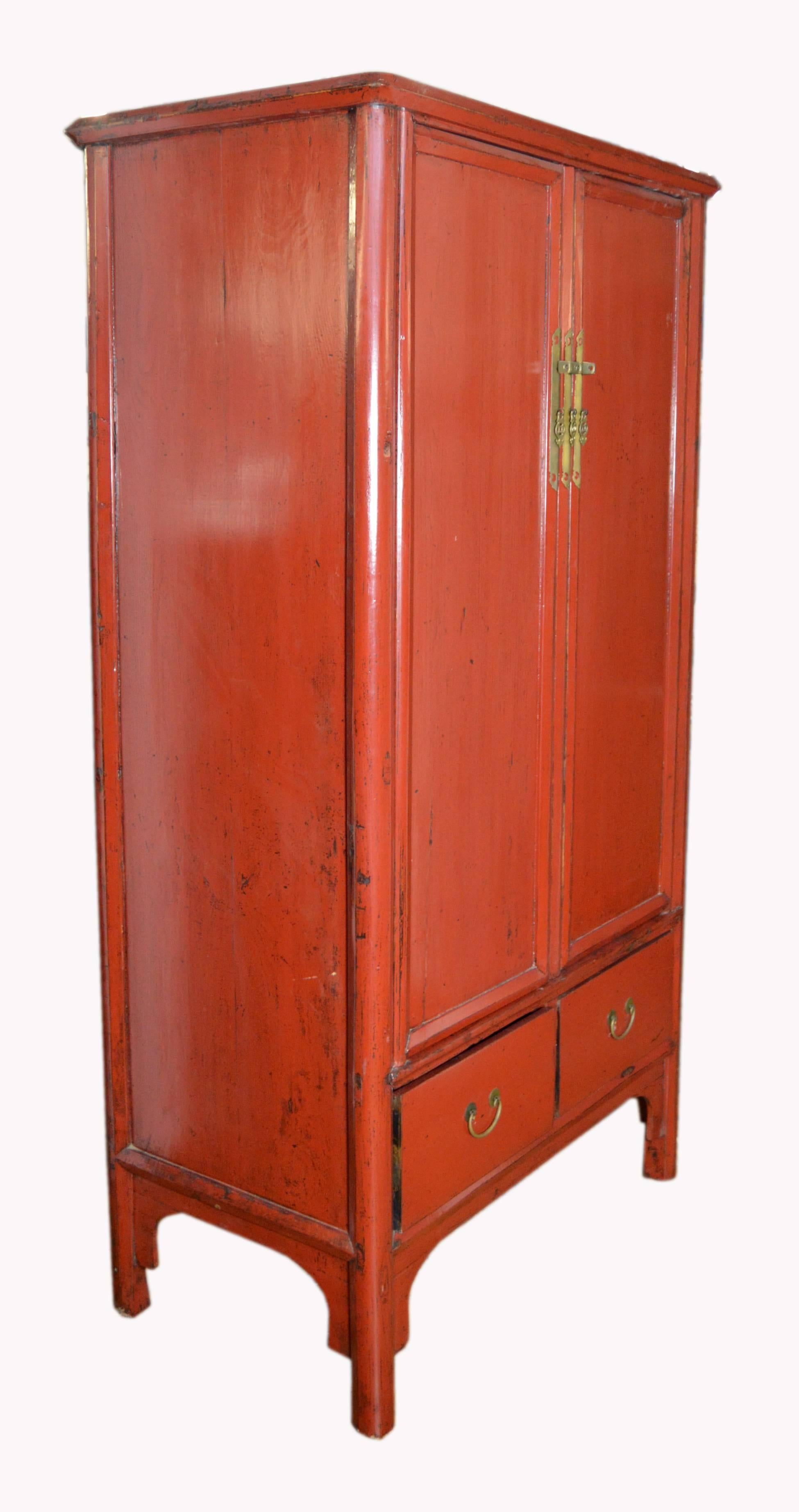 Antique Chinese Red Lacquered Armoire with Doors, Drawers and Brass Hardware In Good Condition In Yonkers, NY