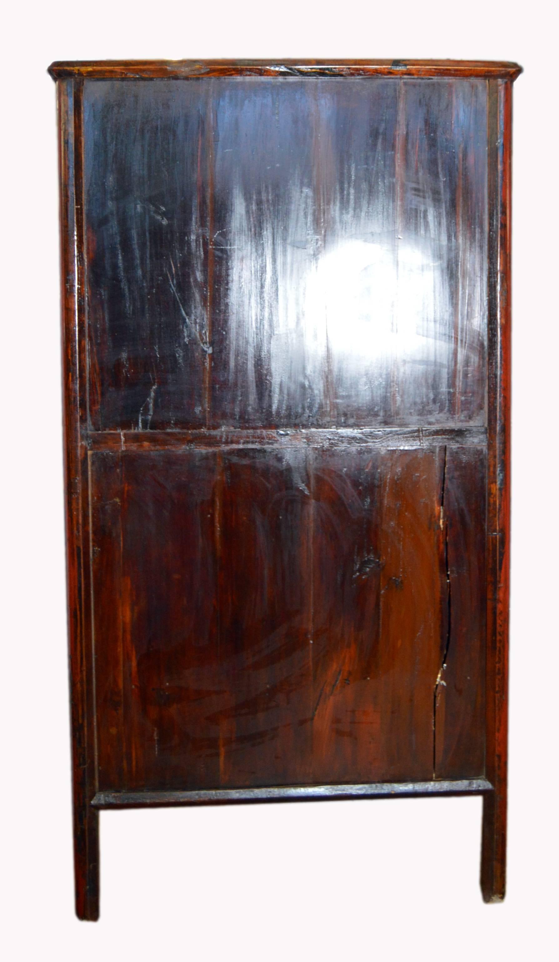 19th Century Antique Chinese Red Lacquered Armoire with Doors, Drawers and Brass Hardware