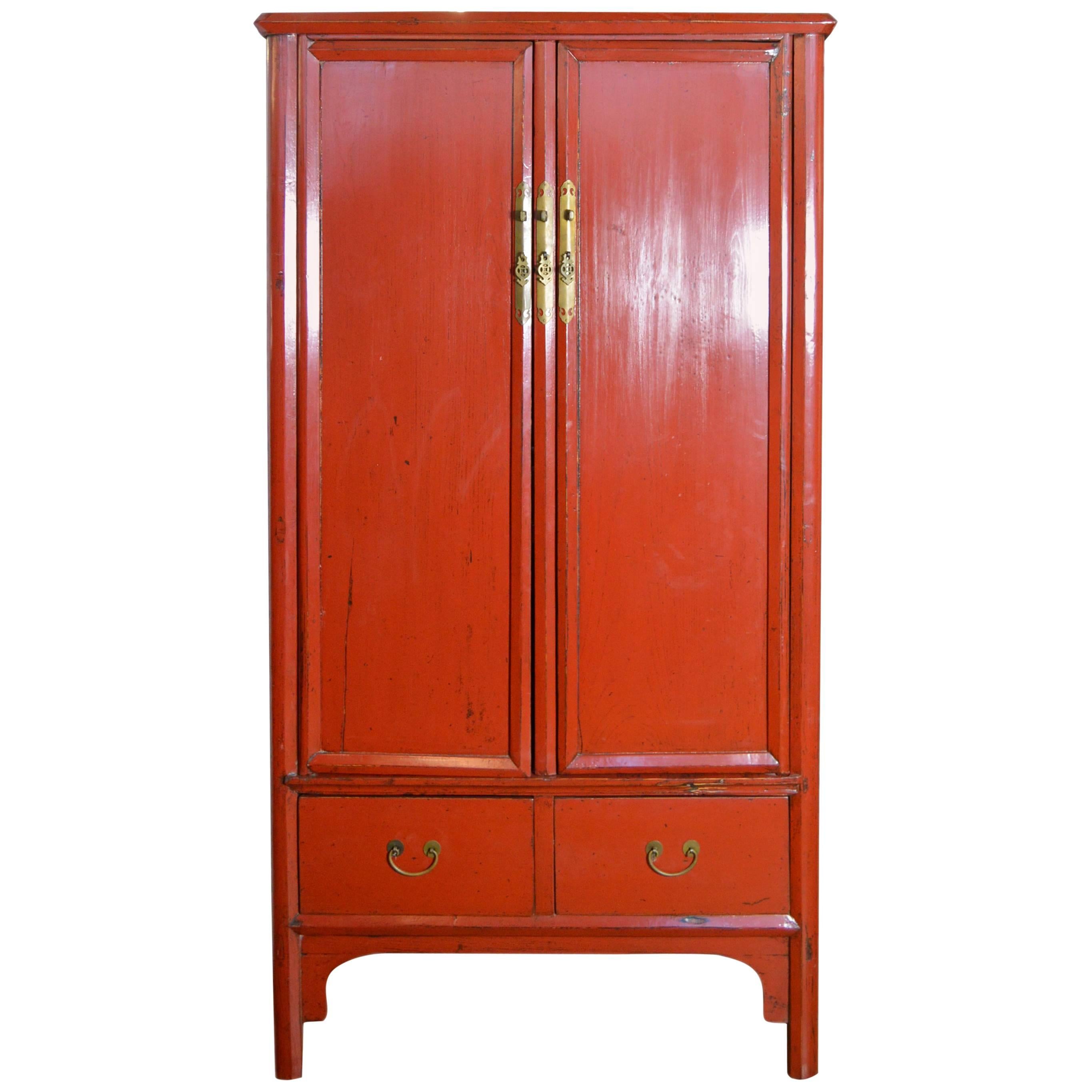 Antique Chinese Red Lacquered Armoire with Doors, Drawers and Brass Hardware