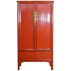 Antique Chinese Red Lacquered Armoire with Doors, Drawers and Brass Hardware