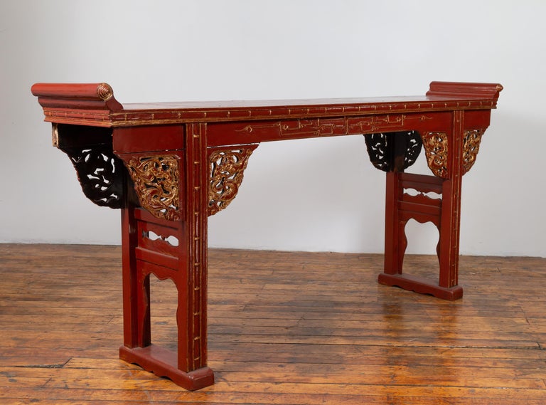 Antique Chinese Red Lacquered Console Table with Gilt Accents and