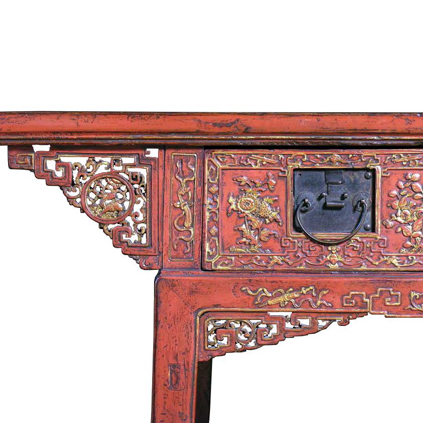 Qing Antique Chinese red lacquered painting table For Sale