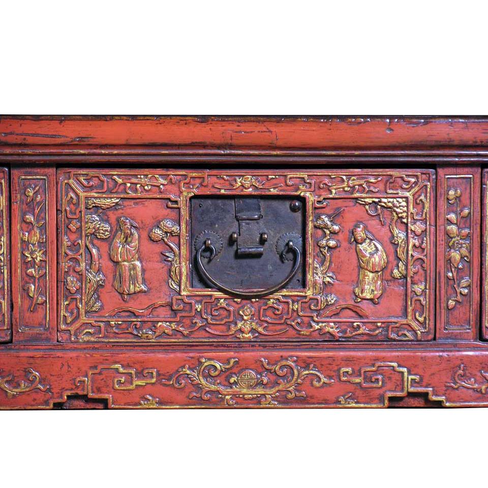 Carved Antique Chinese red lacquered painting table For Sale
