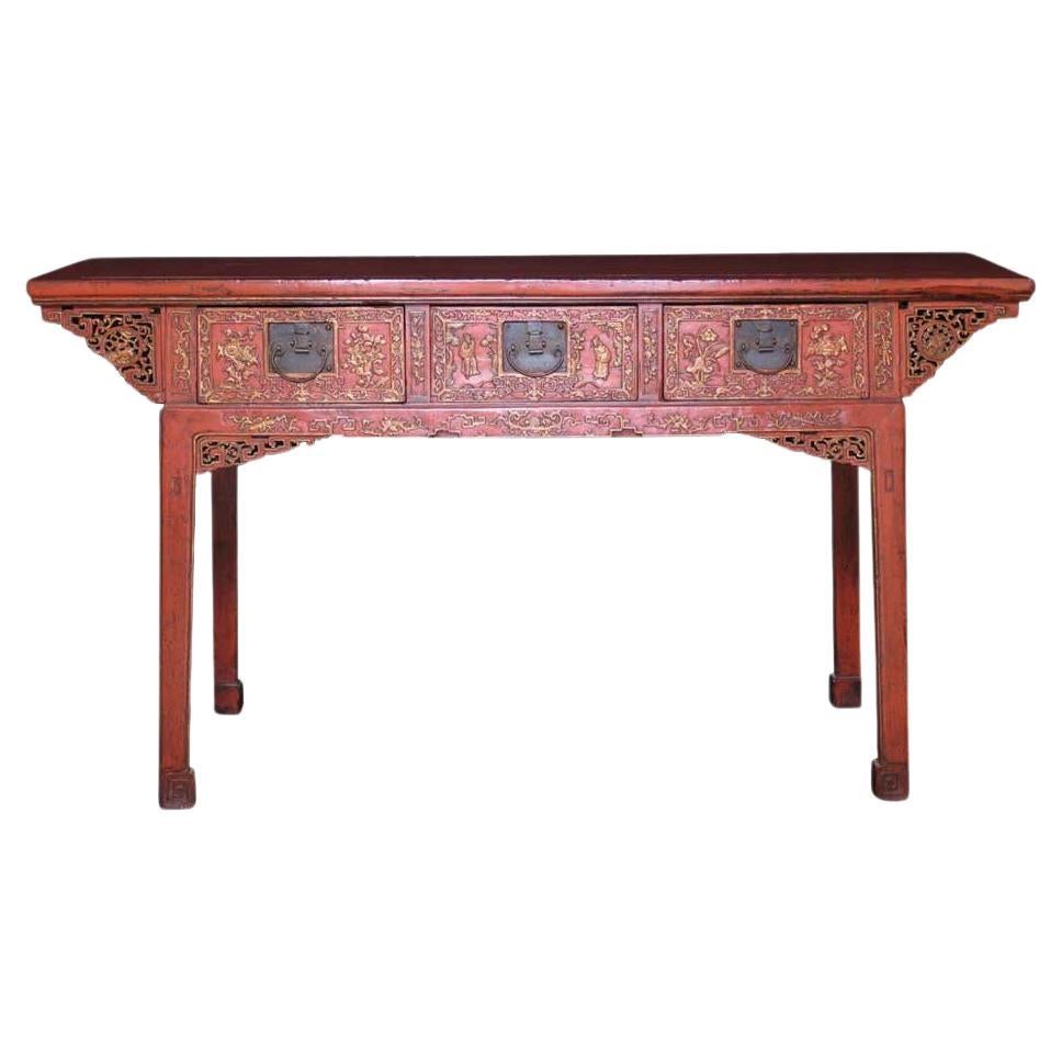 Antique Chinese red lacquered painting table For Sale
