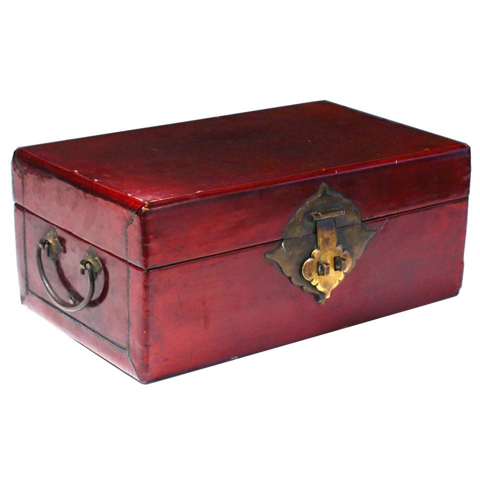 Qing Antique Chinese Red Lacquered Pigskin Document Box