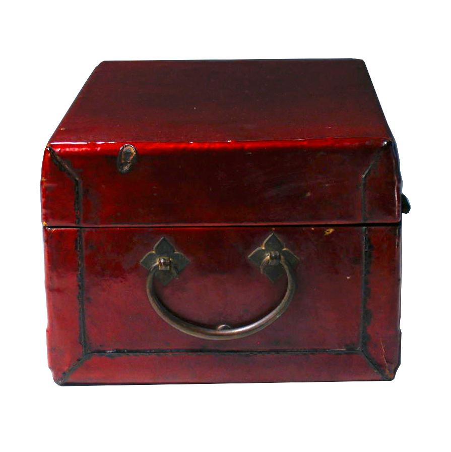 Hand-Crafted Antique Chinese Red Lacquered Pigskin Document Box