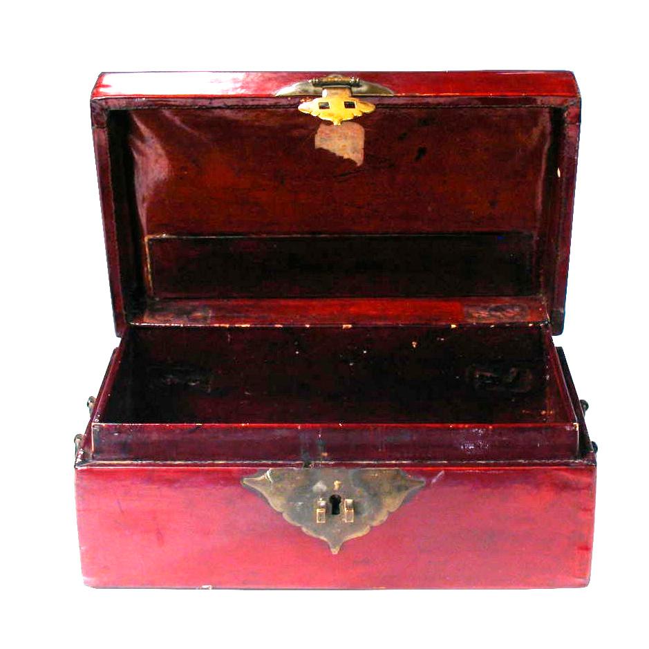 19th Century Antique Chinese Red Lacquered Pigskin Document Box