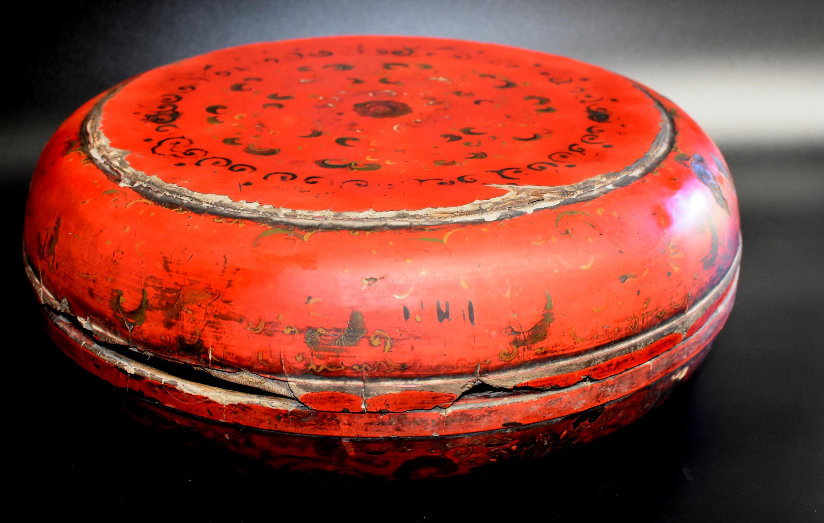 19th Century Antique Chinese Red Lacquered Round Box, All Original