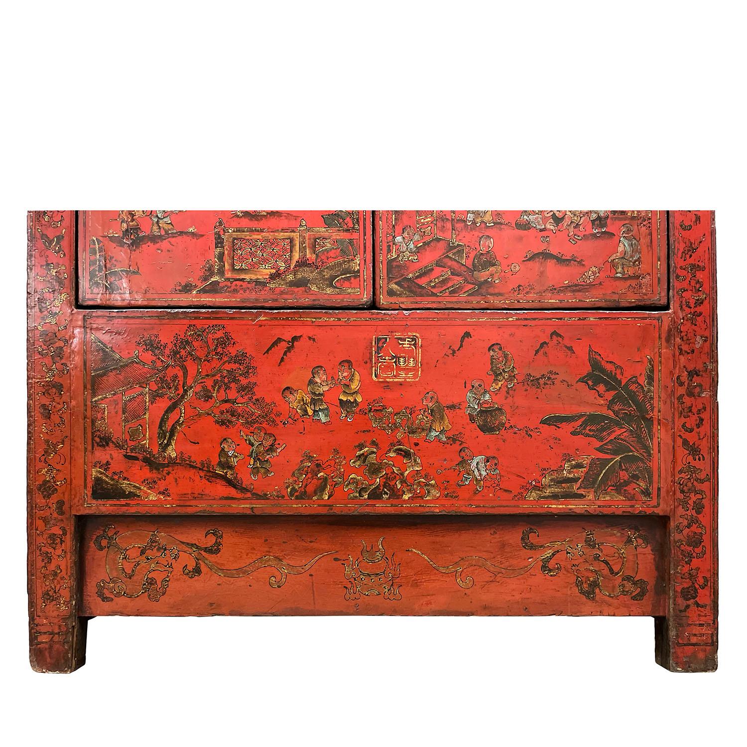 Antique Chinese Red Lacquered Wedding Armoire, Wardrobe With 100s Kids For Sale 3