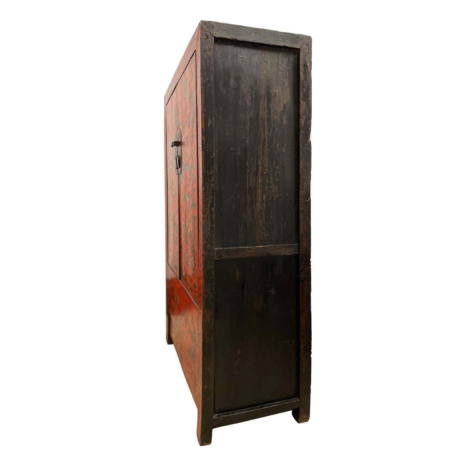 Antique Chinese Red Lacquered Wedding Armoire, Wardrobe With 100s Kids For Sale 4