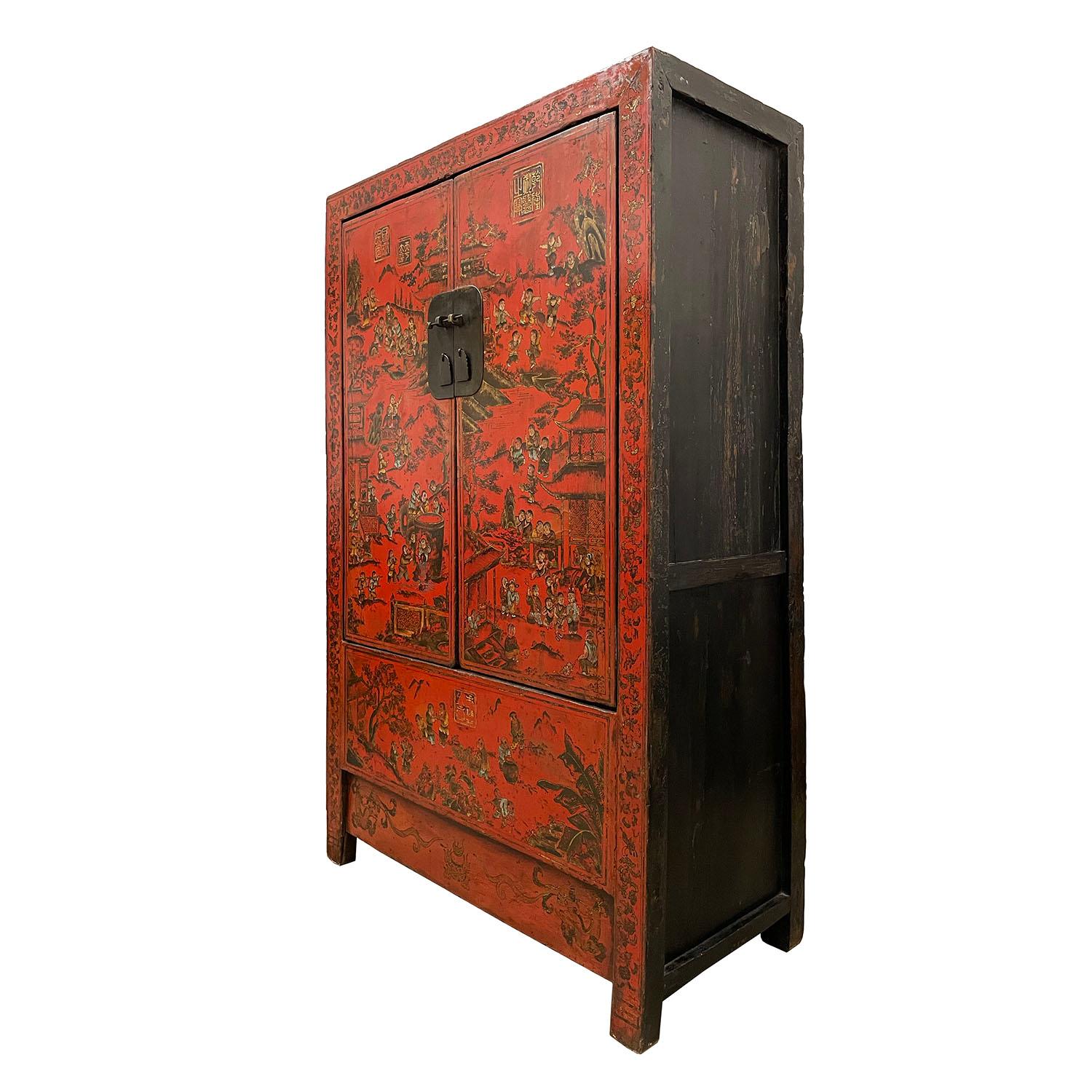  Very well constructed with two open doors and shelf, inside cabinet, wedding armoire with red lacquer 100's kids painting on the front and have coordinated antiqued hardware. This beautiful Chinese traditional red wedding Armoire features two