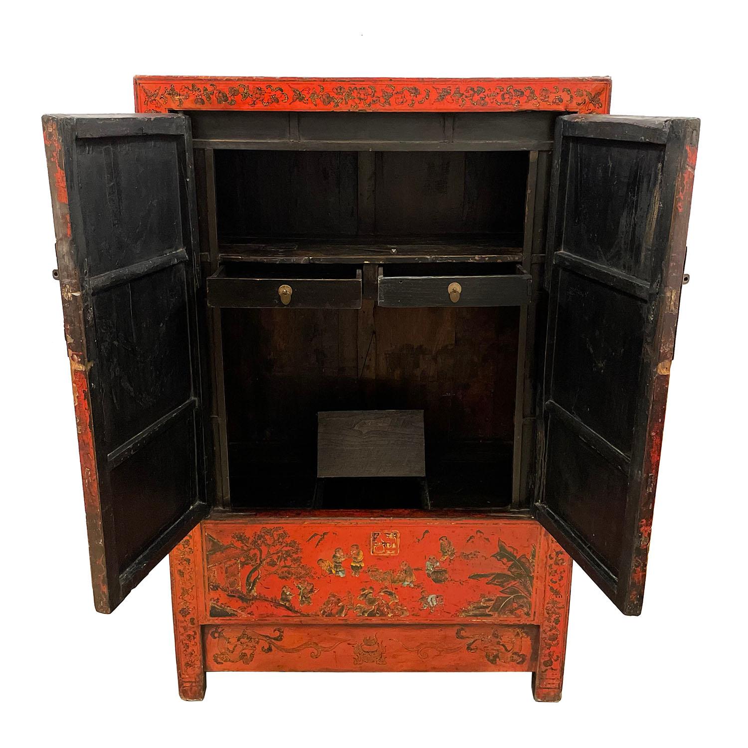Chinese Export Antique Chinese Red Lacquered Wedding Armoire, Wardrobe With 100s Kids For Sale