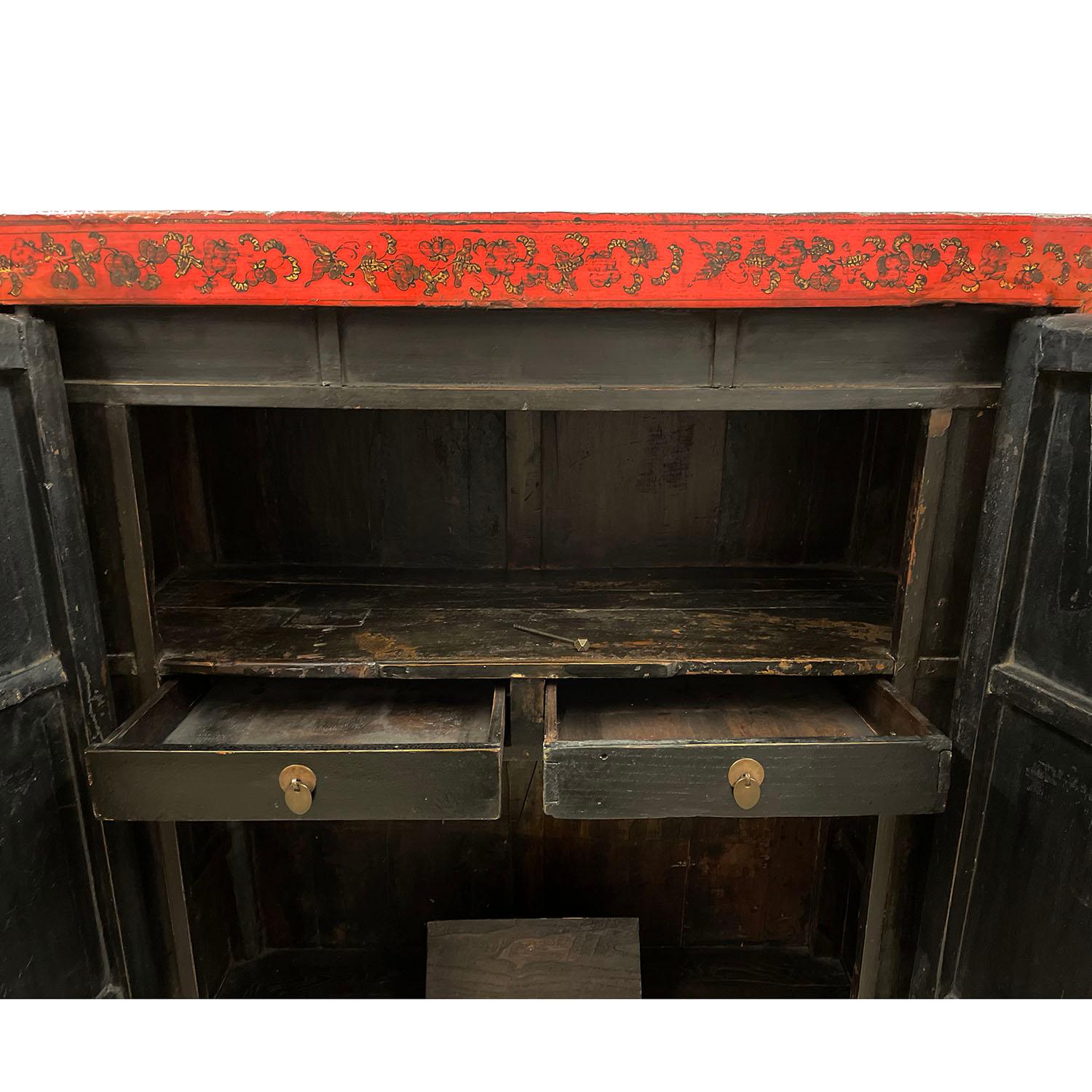 Hand-Painted Antique Chinese Red Lacquered Wedding Armoire, Wardrobe With 100s Kids For Sale
