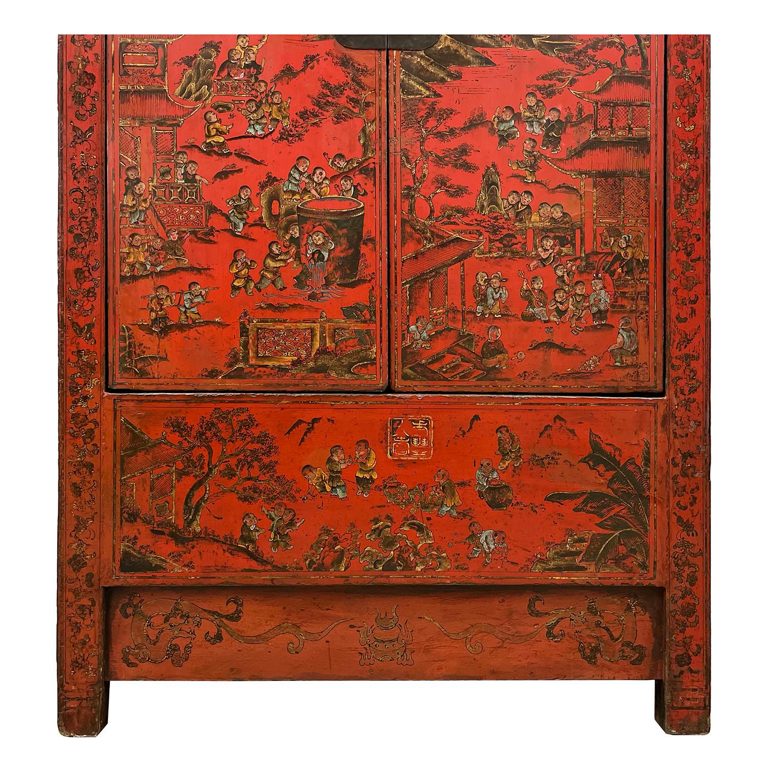 Antiker chinesischer rot lackierter Hochzeitsschrank, Kleiderschrank mit 100 Kindern (Holz) im Angebot