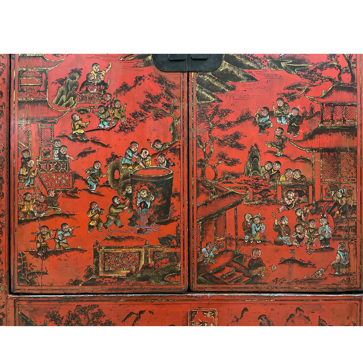 Antiker chinesischer rot lackierter Hochzeitsschrank, Kleiderschrank mit 100 Kindern im Angebot 1