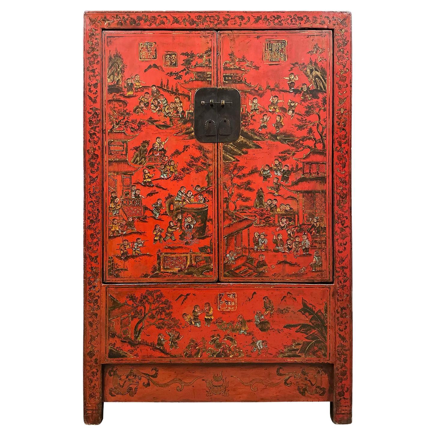 Antique Chinese Red Lacquered Wedding Armoire, Wardrobe With 100s Kids For Sale