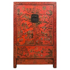 Ancienne armoire de mariage chinoise laquée rouge, garde-robe avec enfants des années 100