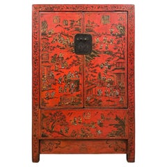 Antique Chinese Red Lacquered Wedding Armoire, Wardrobe with 100s Playing Kids