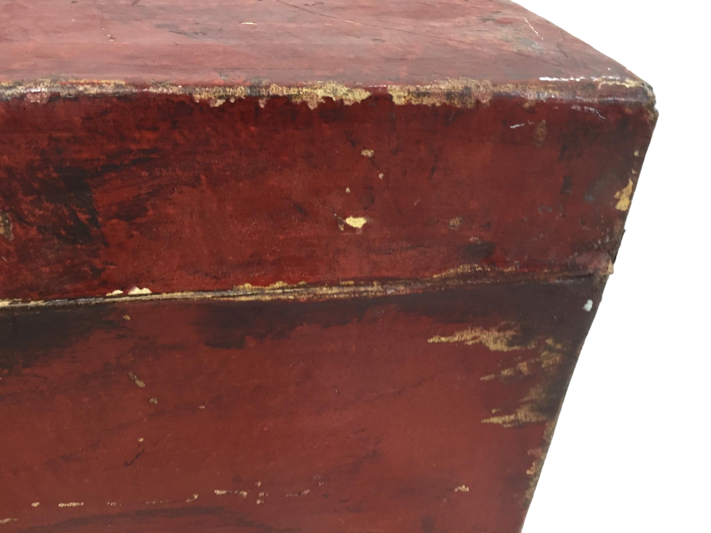 Chinese Export Antique Chinese Red Leather Trunk on Stand For Sale