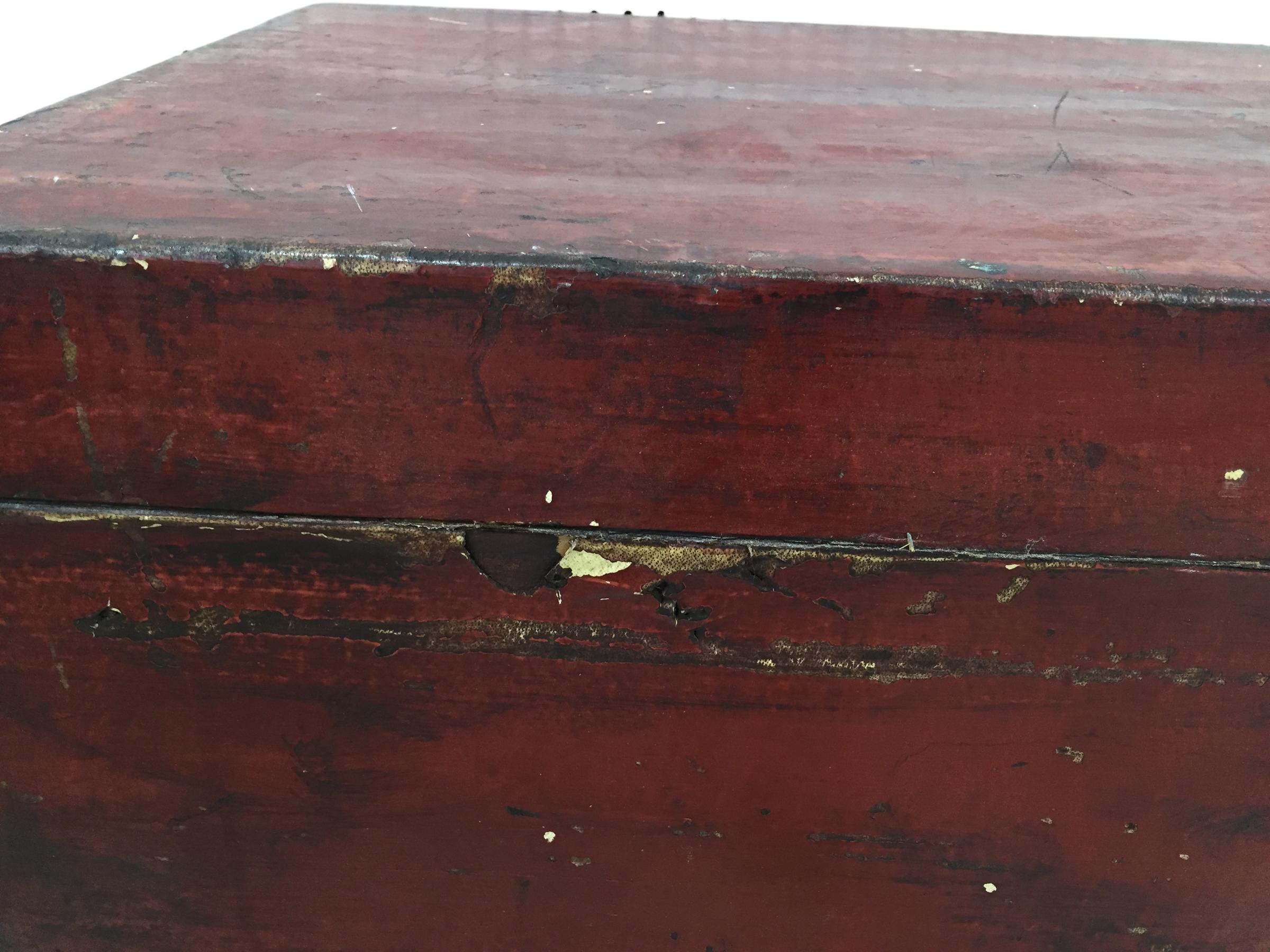 Antique Chinese Red Leather Trunk on Stand In Fair Condition For Sale In Chapel Hill, NC