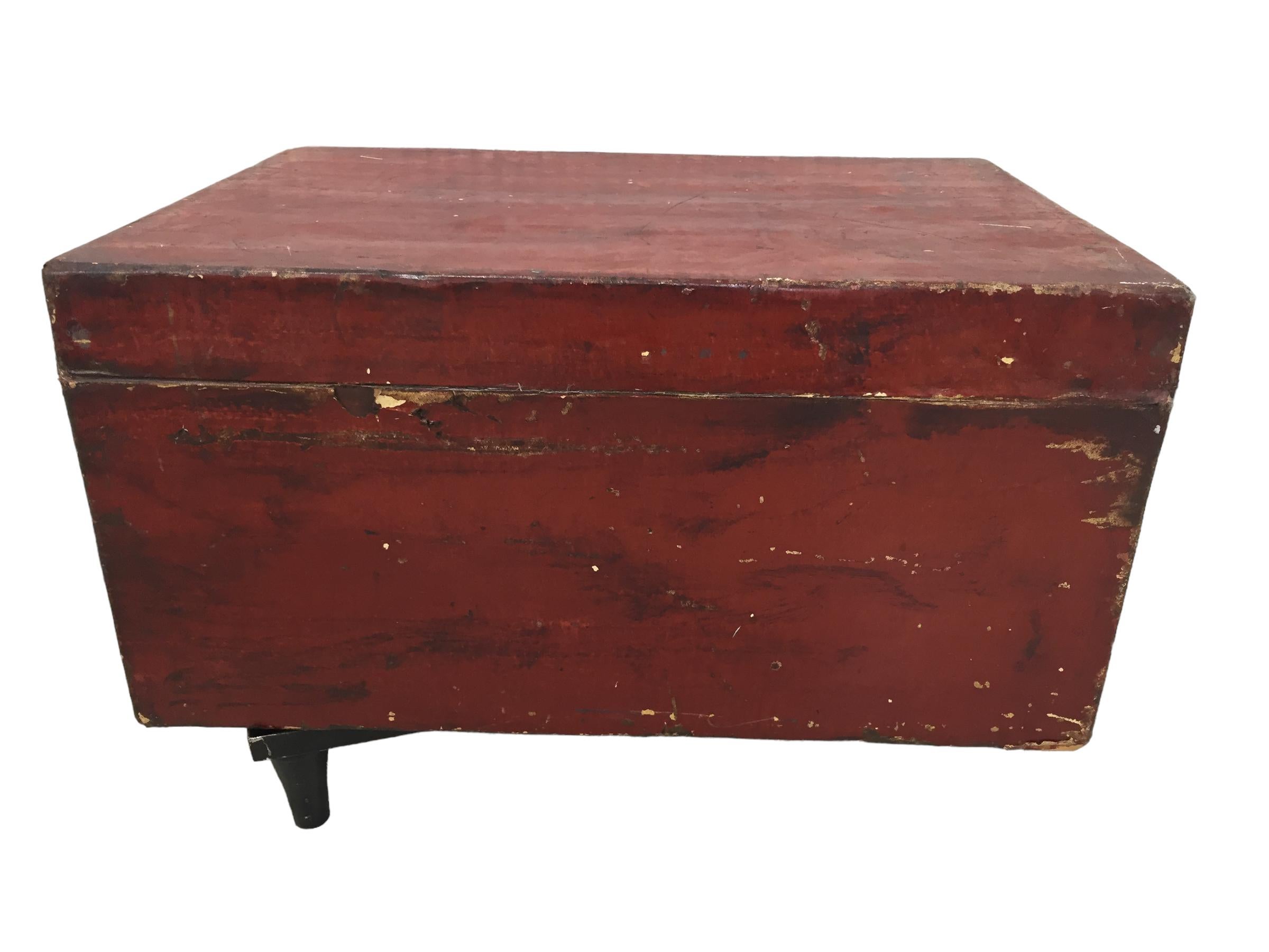 19th Century Antique Chinese Red Leather Trunk on Stand For Sale