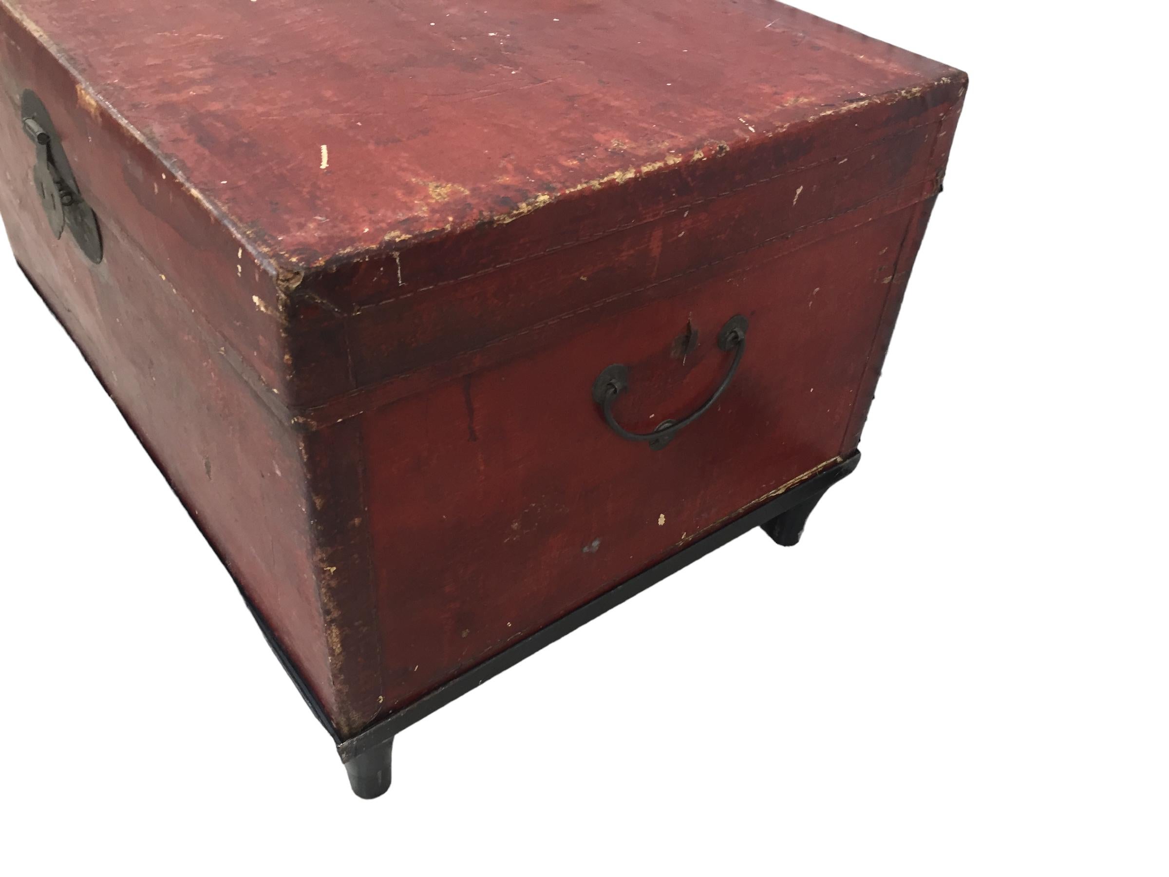 Antique Chinese Red Leather Trunk on Stand For Sale 2