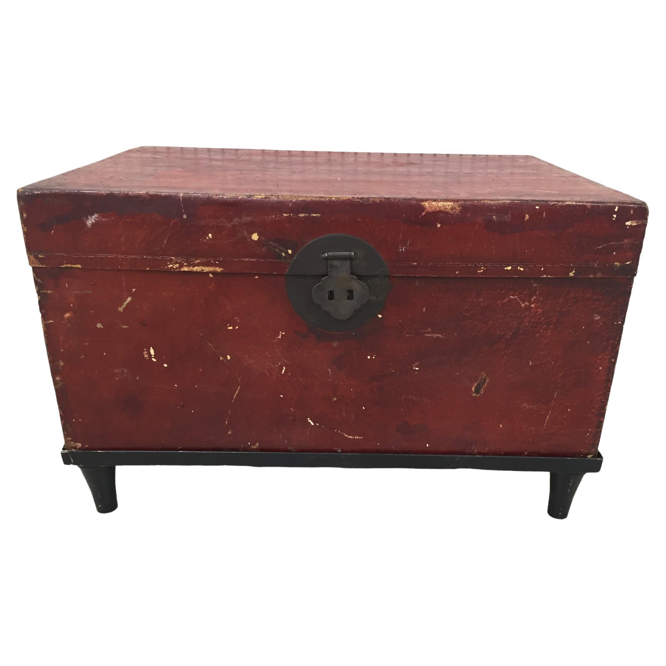 Antique Chinese Red Leather Trunk on Stand For Sale