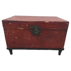 Antique Chinese Red Leather Trunk on Stand