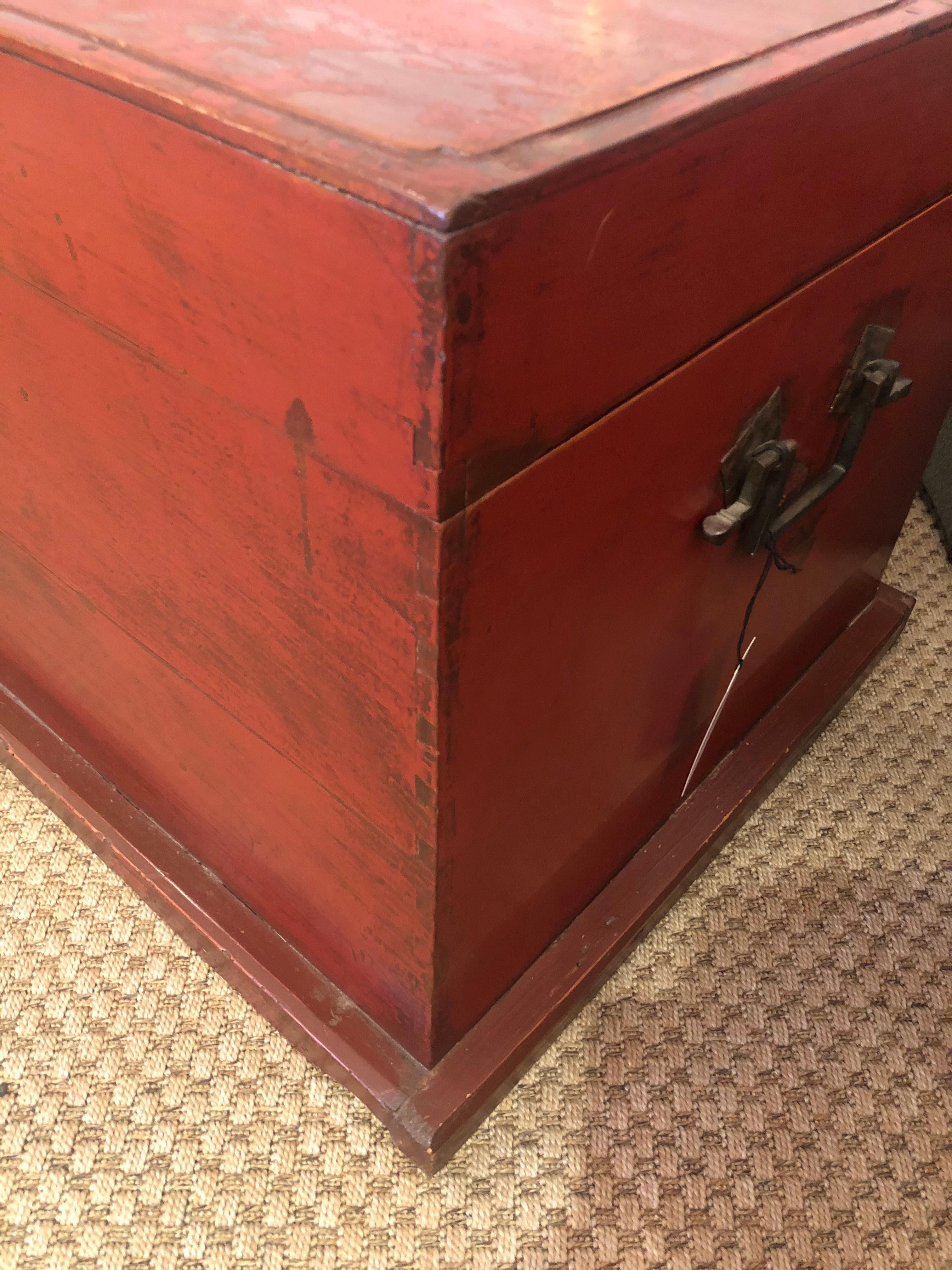 Antique Chinese Red Painted & Distressed Trunk 4