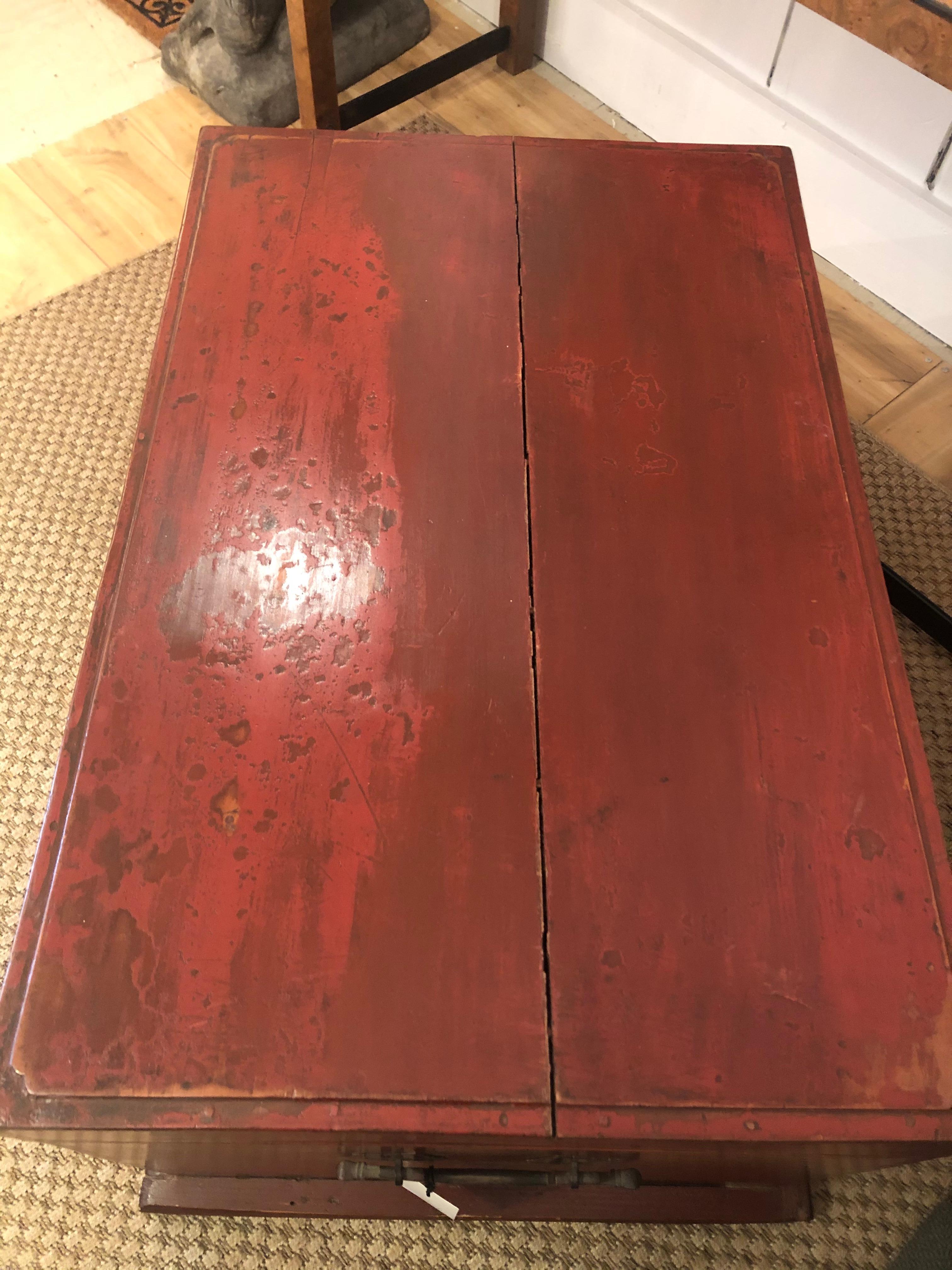 Wood Antique Chinese Red Painted & Distressed Trunk