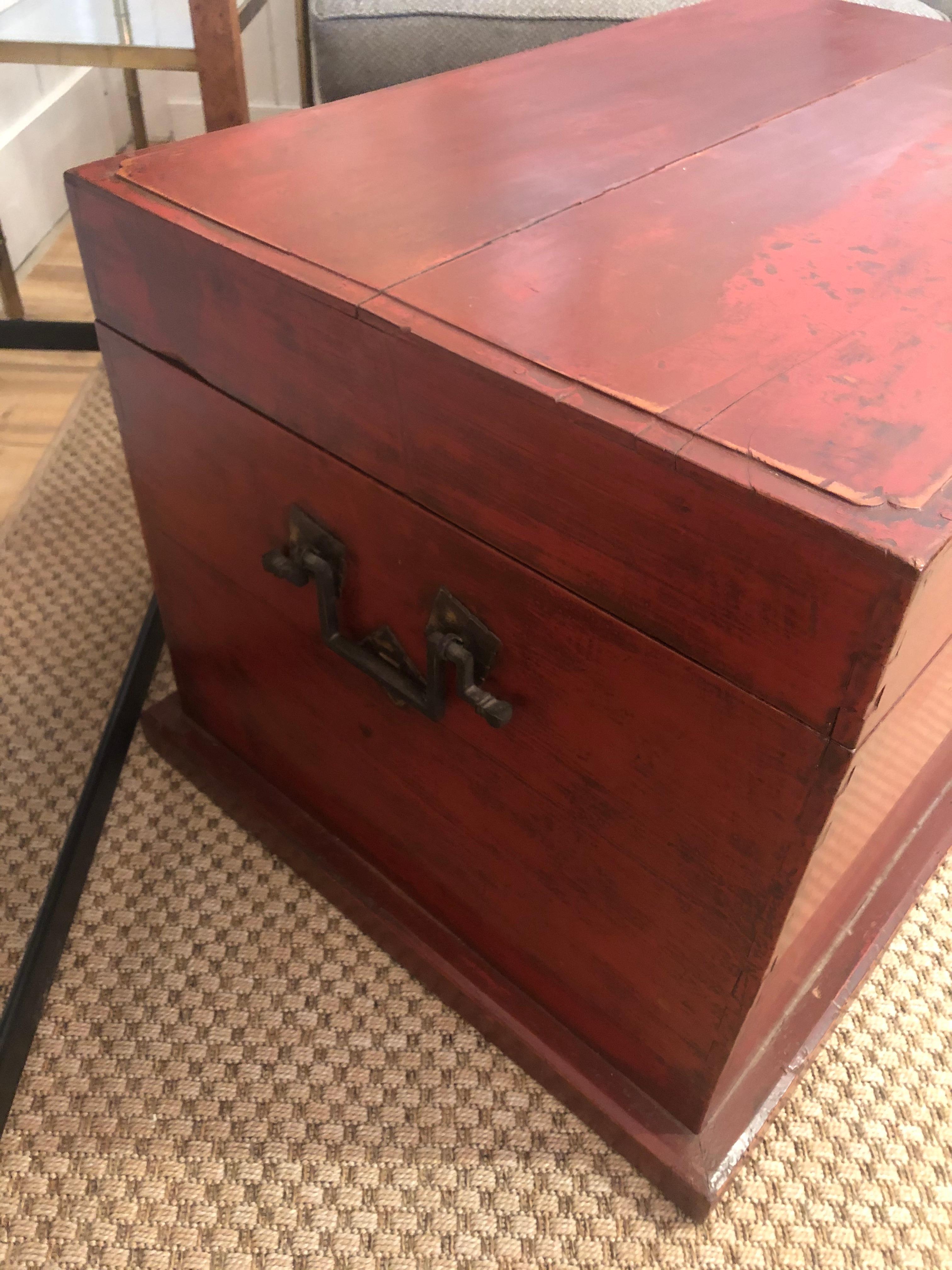 Antique Chinese Red Painted & Distressed Trunk 1