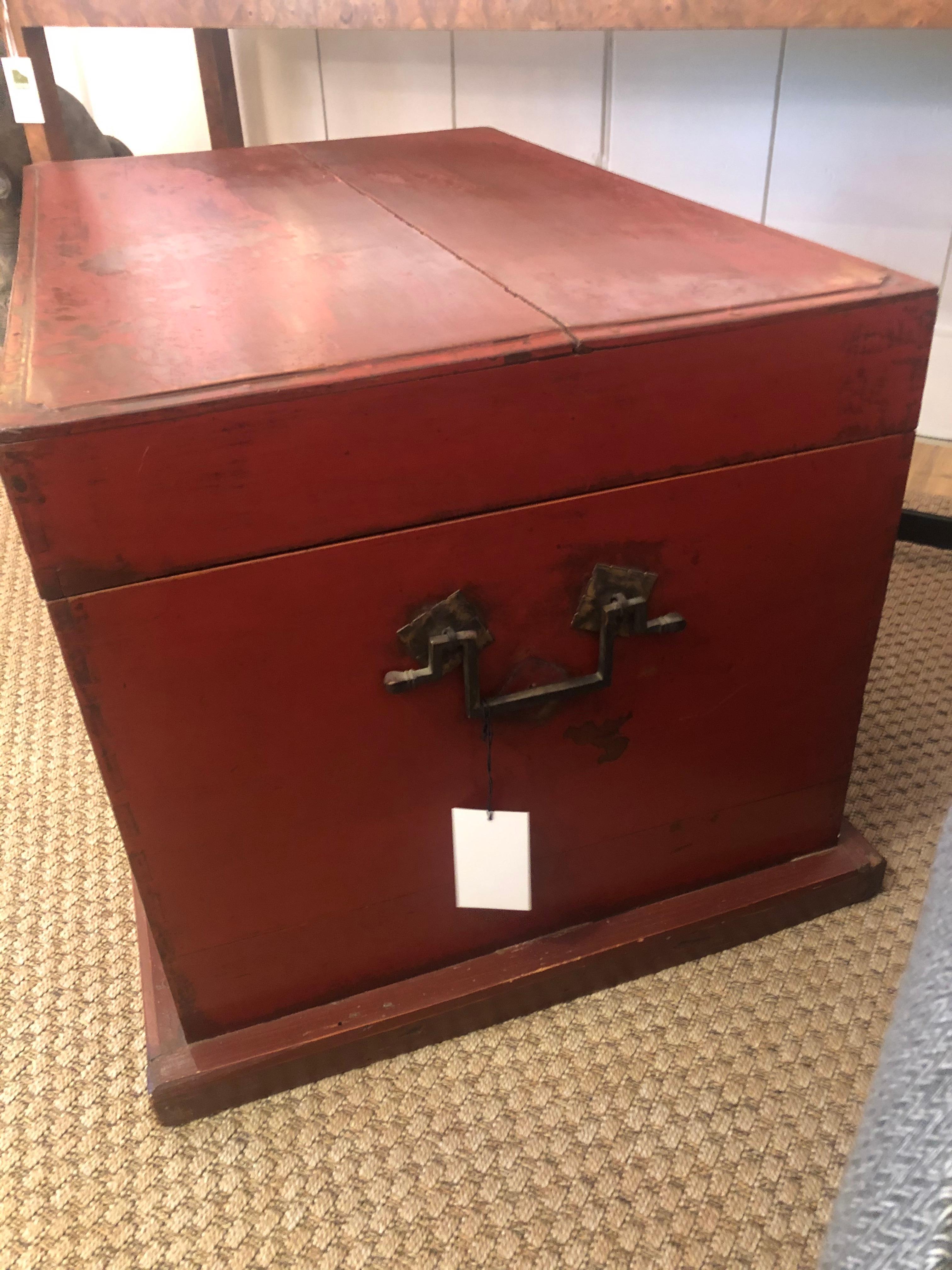 Antique Chinese Red Painted & Distressed Trunk 2