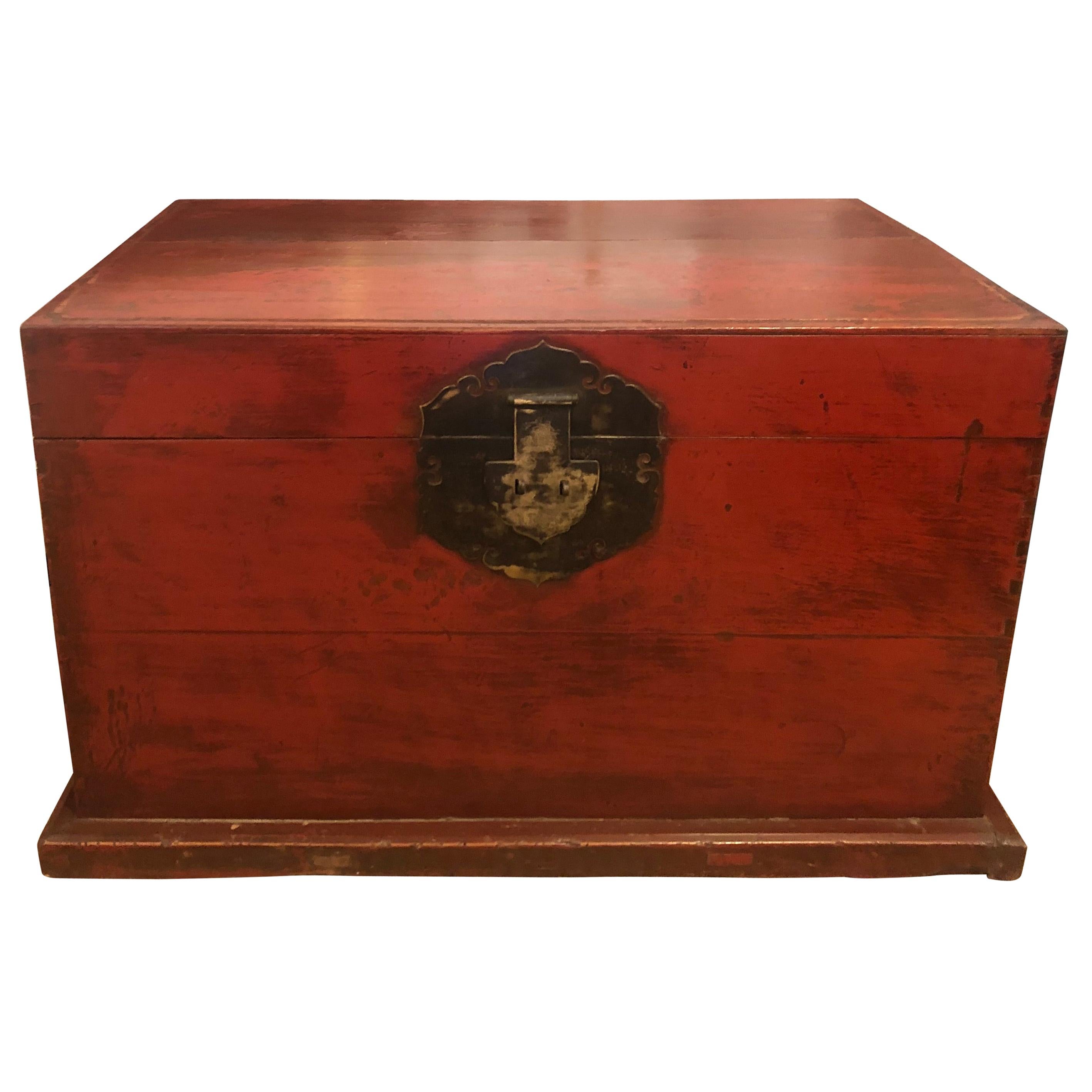 Antique Chinese Red Painted & Distressed Trunk