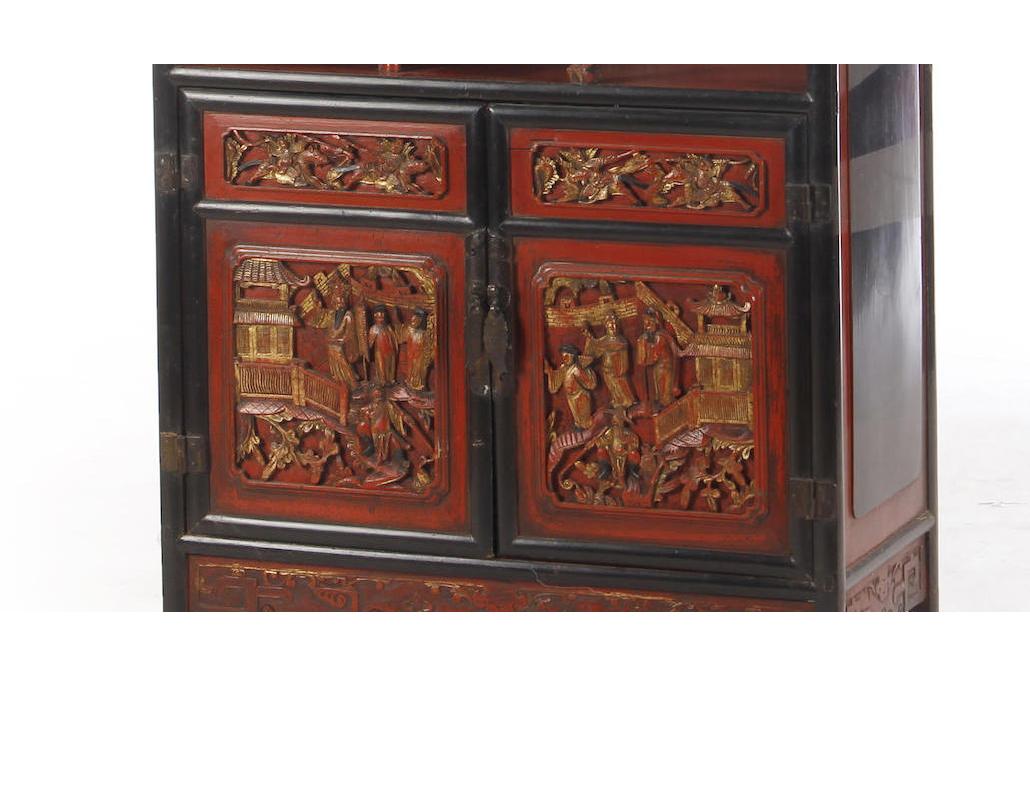 Carved Antique Chinese Red Painted and Lacquered Cabinet