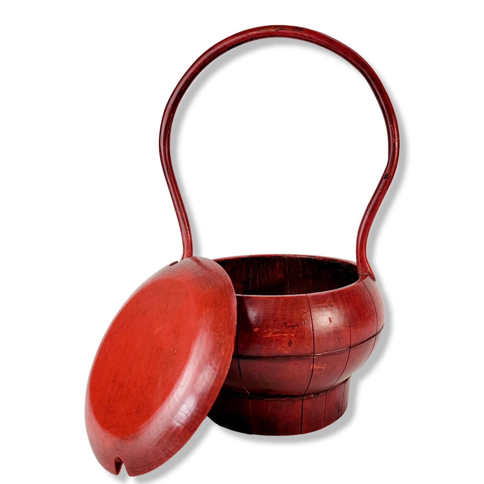 Hand-Crafted Antique Chinese Red Wedding Basket with Curved Handle