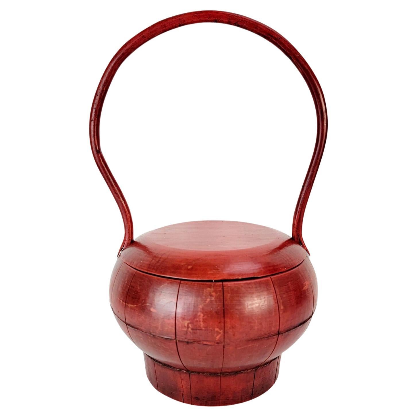 Antique Chinese Red Wedding Basket with Curved Handle