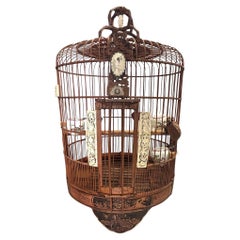 Antique Chinese Reed Rattan Birdcage Porcelain Bowls, Jade, with Pin Lock