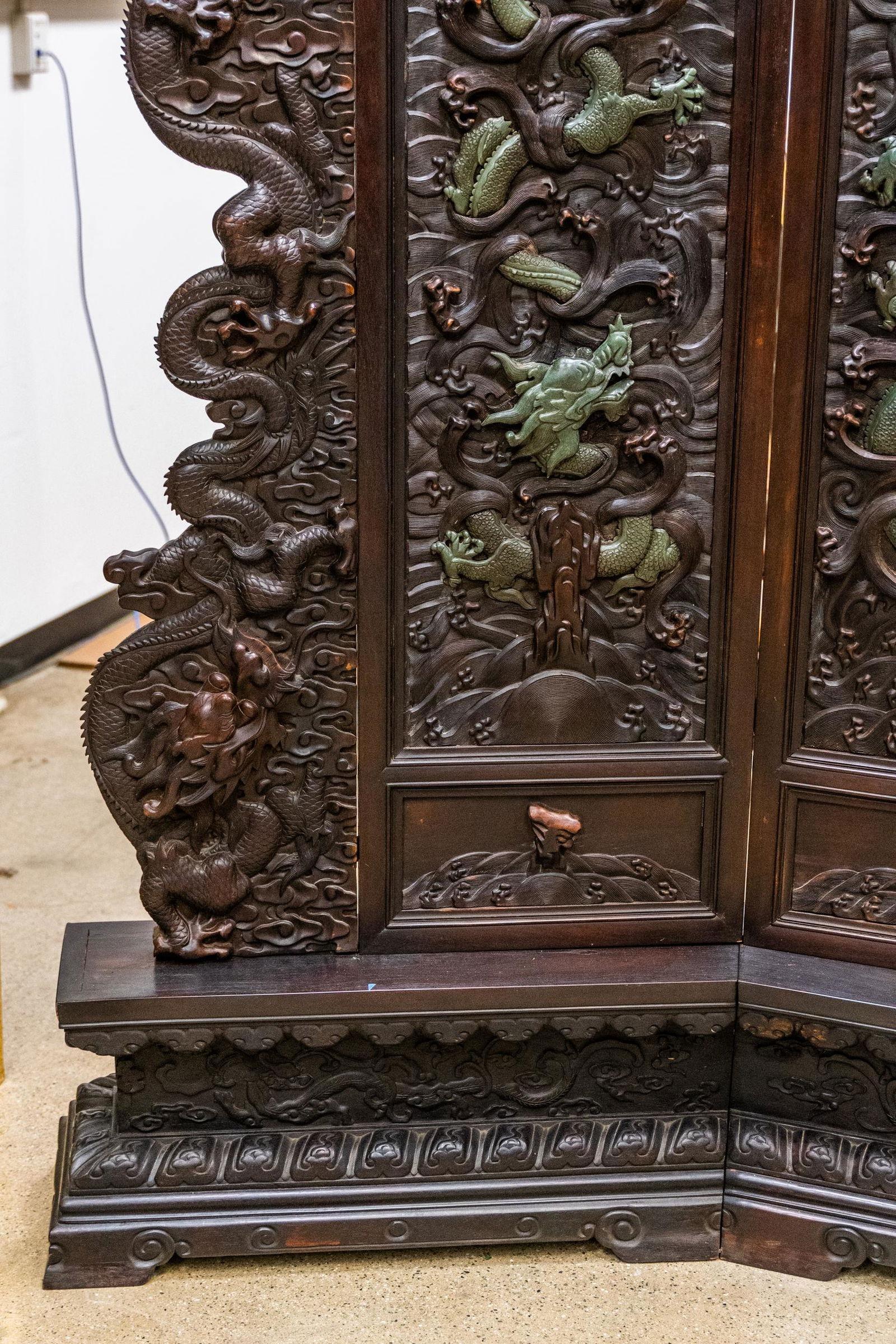 Antique Chinese Relief/Carved Screen in Solid Wood & Jade, 135w x 105h For Sale 4