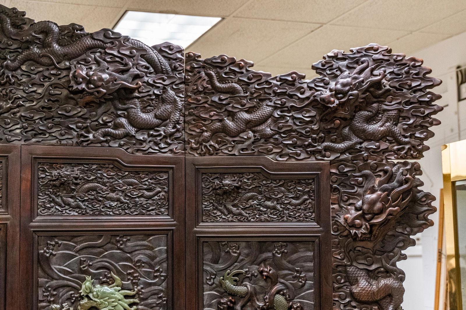 Antique Chinese Relief/Carved Screen in Solid Wood & Jade, 135w x 105h For Sale 9