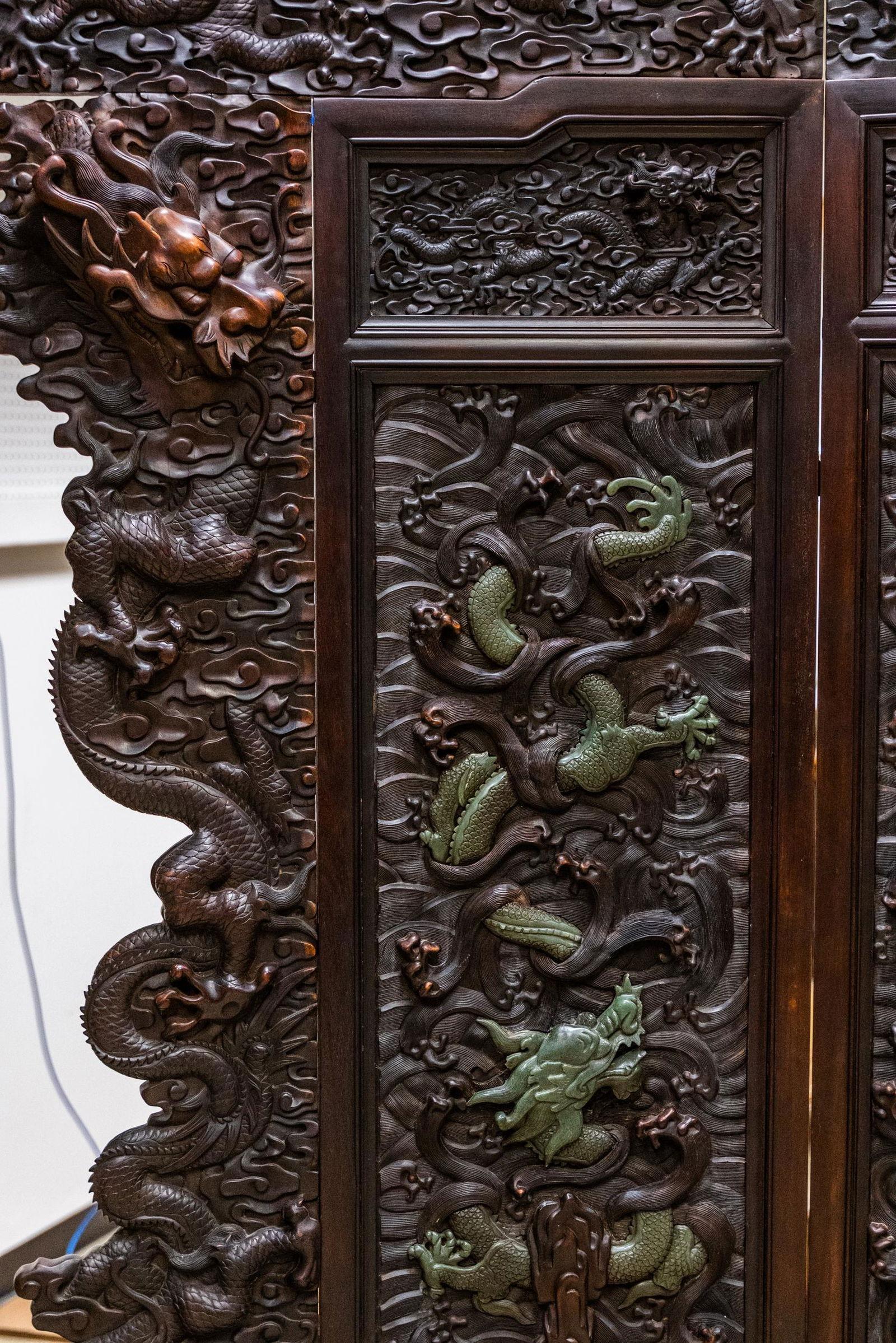 Chinoiserie Antique Chinese Relief/Carved Screen in Solid Wood & Jade, 135w x 105h For Sale