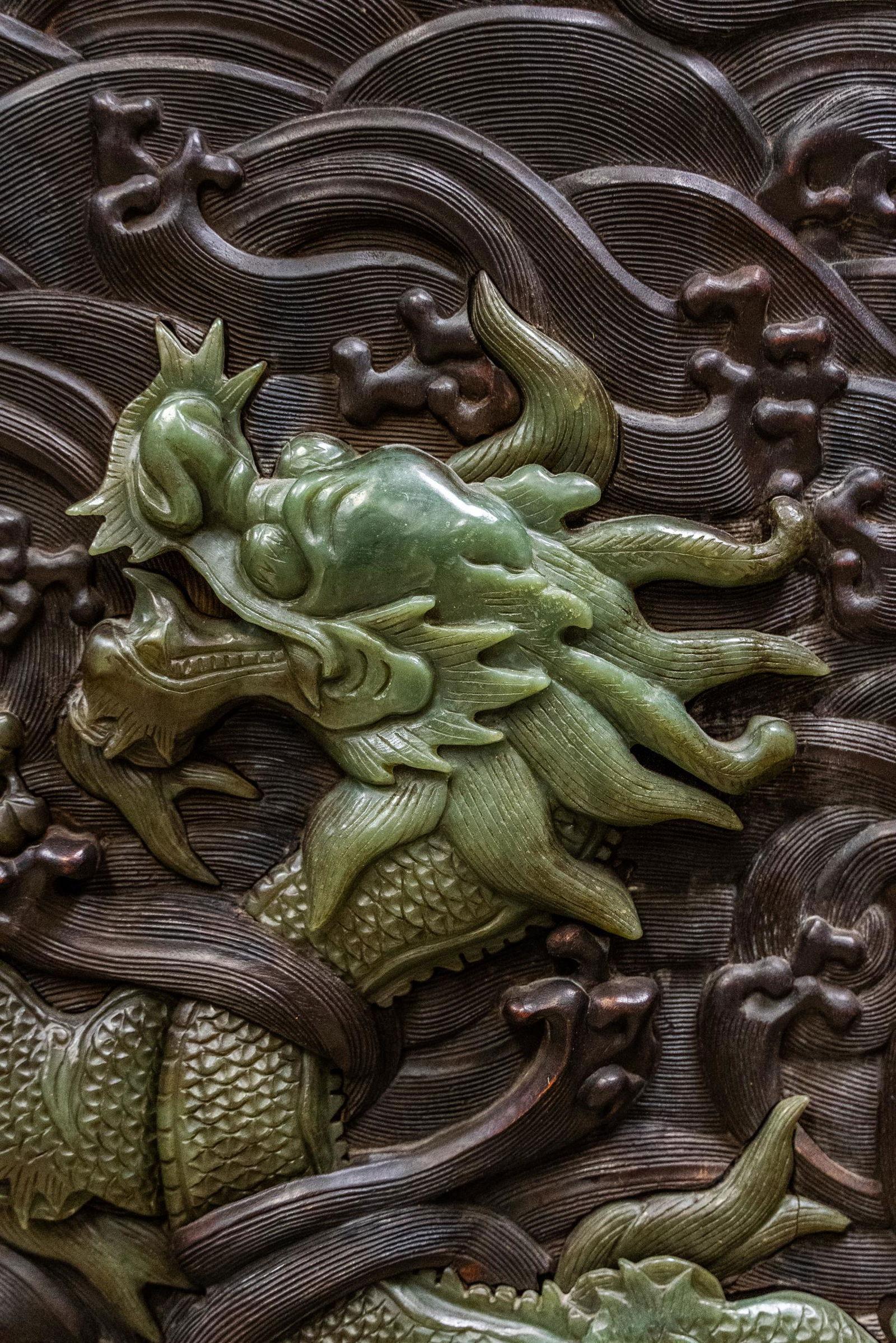 Antique Chinese Relief/Carved Screen in Solid Wood & Jade, 135w x 105h In Good Condition For Sale In Los Angeles, CA