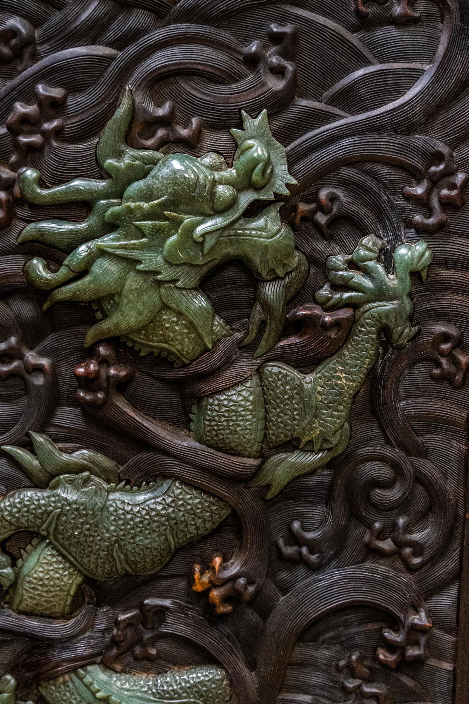 19th Century Antique Chinese Relief/Carved Screen in Solid Wood & Jade, 135w x 105h For Sale