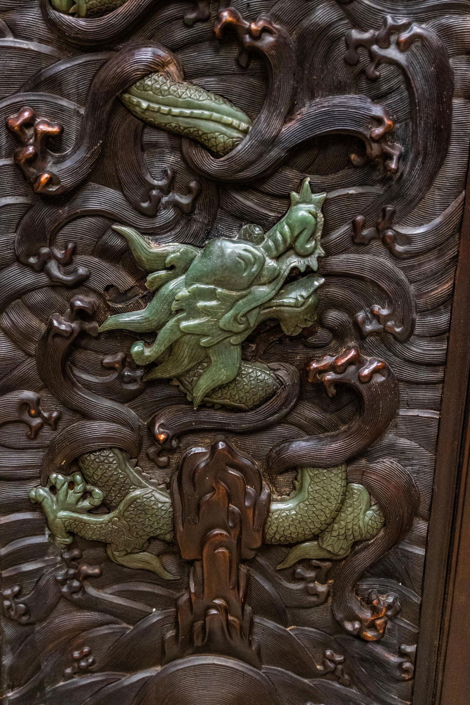 Antique Chinese Relief/Carved Screen in Solid Wood & Jade, 135w x 105h For Sale 1