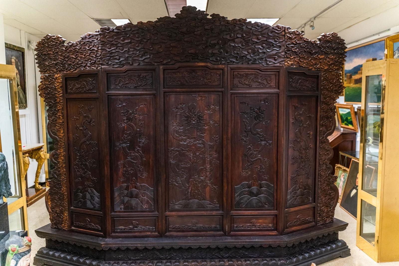 Antique Chinese Relief/Carved Screen in Solid Wood & Jade, 135w x 105h For Sale 2